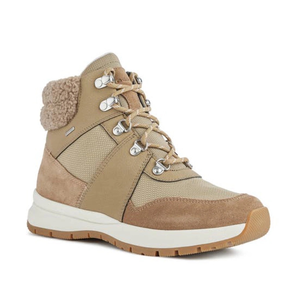Geox Braies Faux Fur Hiker Boots Waterproof Outdoor Footwear Lace Up Tan Sherpa